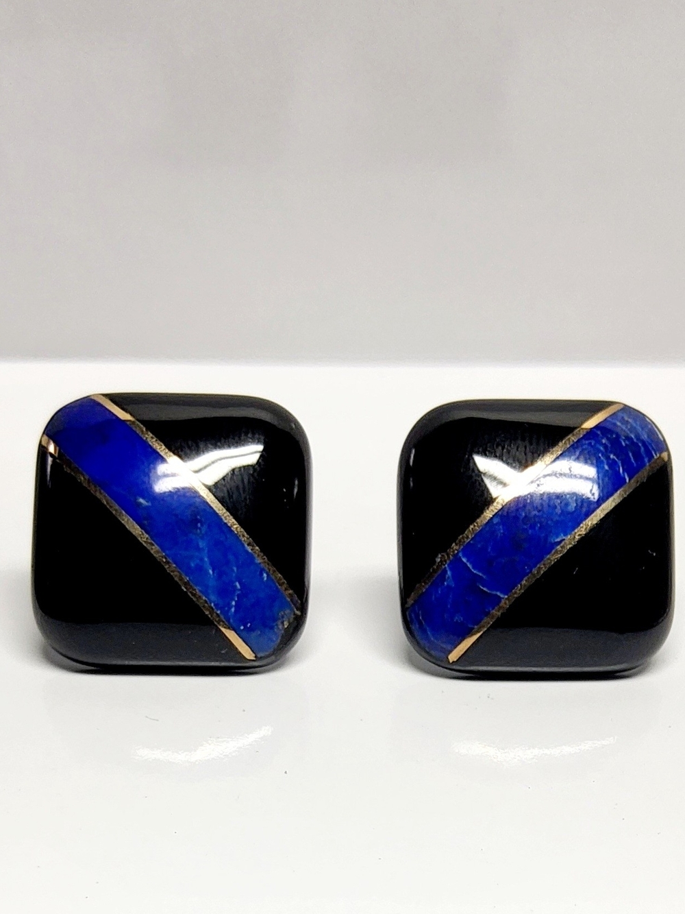 14K Square Solid Yellow Gold Black Onyx Blue Lapis Diagonal Inlay Earrings